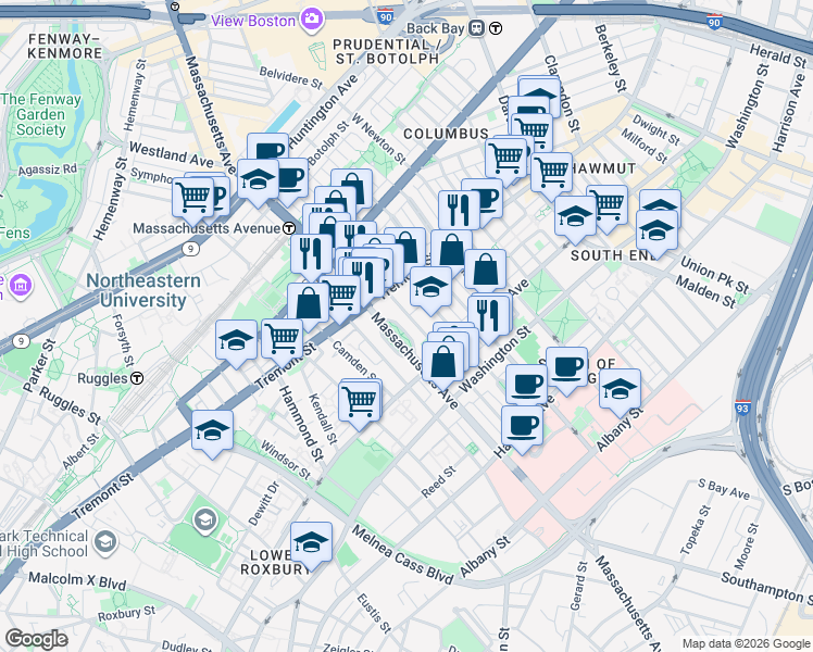 map of restaurants, bars, coffee shops, grocery stores, and more near in Boston