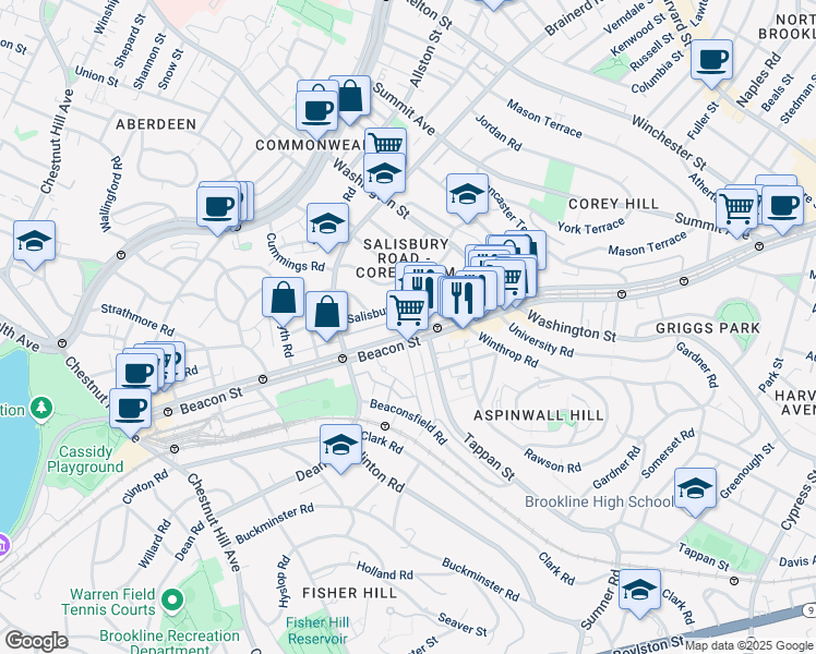 map of restaurants, bars, coffee shops, grocery stores, and more near 1714 Beacon Street in Brookline