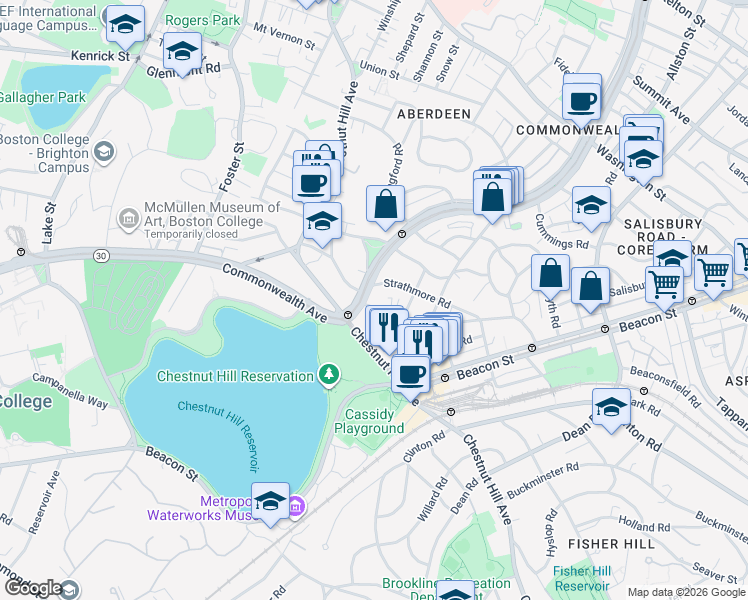 map of restaurants, bars, coffee shops, grocery stores, and more near 1848 Commonwealth Avenue in Boston