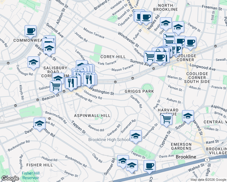 map of restaurants, bars, coffee shops, grocery stores, and more near in Brookline