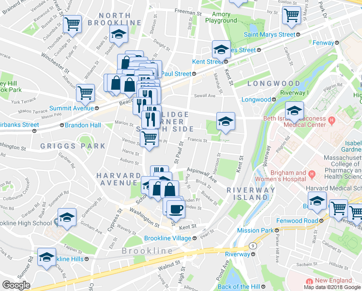 map of restaurants, bars, coffee shops, grocery stores, and more near St Paul St & Alton Pl in Brookline