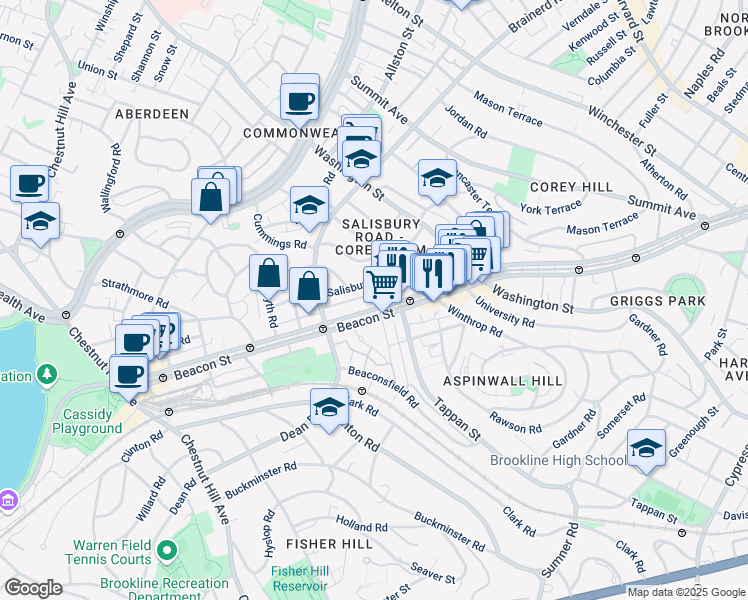 map of restaurants, bars, coffee shops, grocery stores, and more near 84 Salisbury Road in Brookline