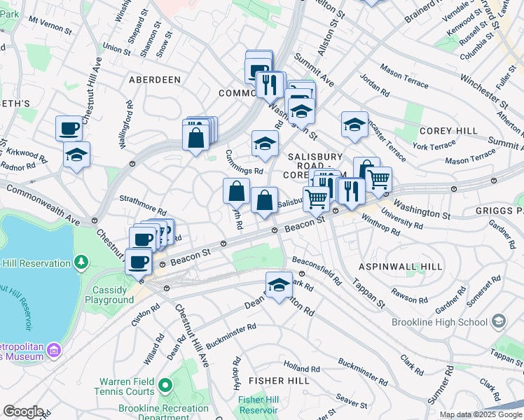 map of restaurants, bars, coffee shops, grocery stores, and more near 140 Salisbury Road in Brookline