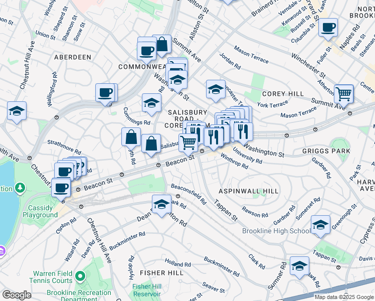 map of restaurants, bars, coffee shops, grocery stores, and more near in Brookline