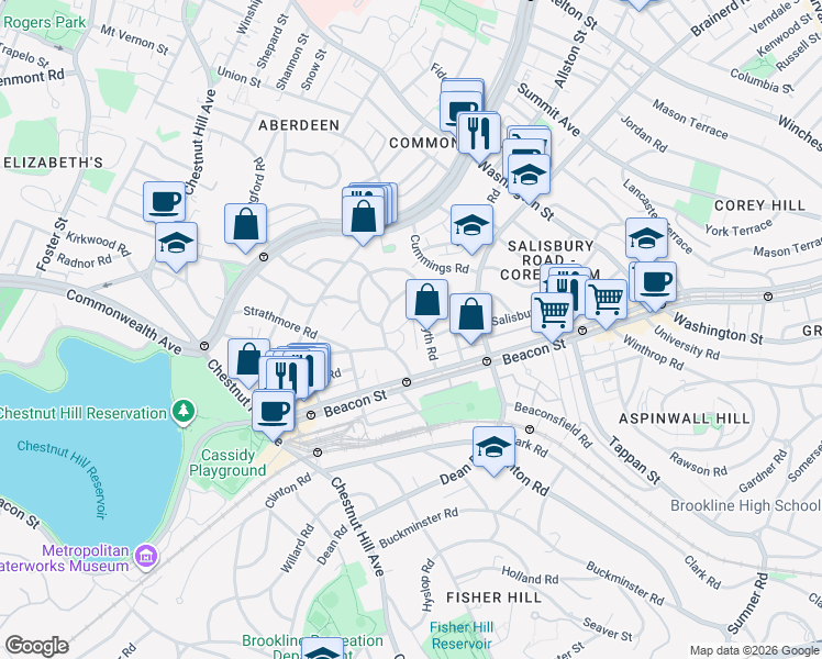 map of restaurants, bars, coffee shops, grocery stores, and more near 38 Kilsyth Road in Brookline