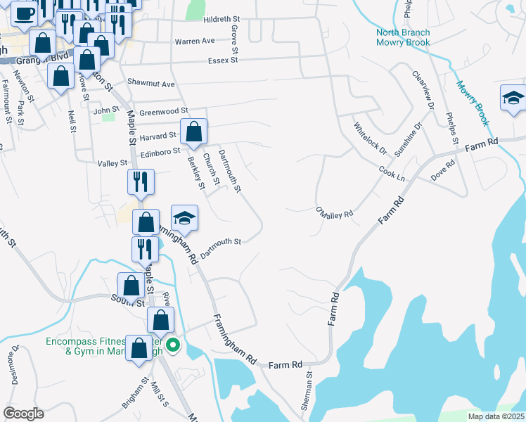 map of restaurants, bars, coffee shops, grocery stores, and more near 102 Dartmouth Street in Marlborough