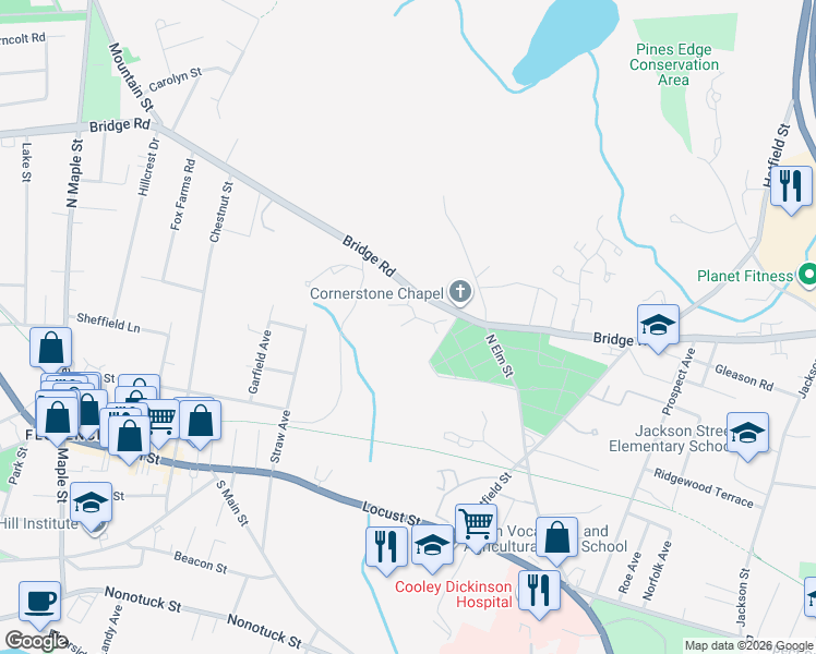 map of restaurants, bars, coffee shops, grocery stores, and more near 575 Bridge Road in Northampton