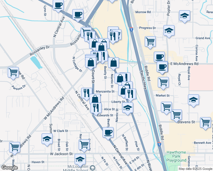 map of restaurants, bars, coffee shops, grocery stores, and more near 706 Beatty Street in Medford