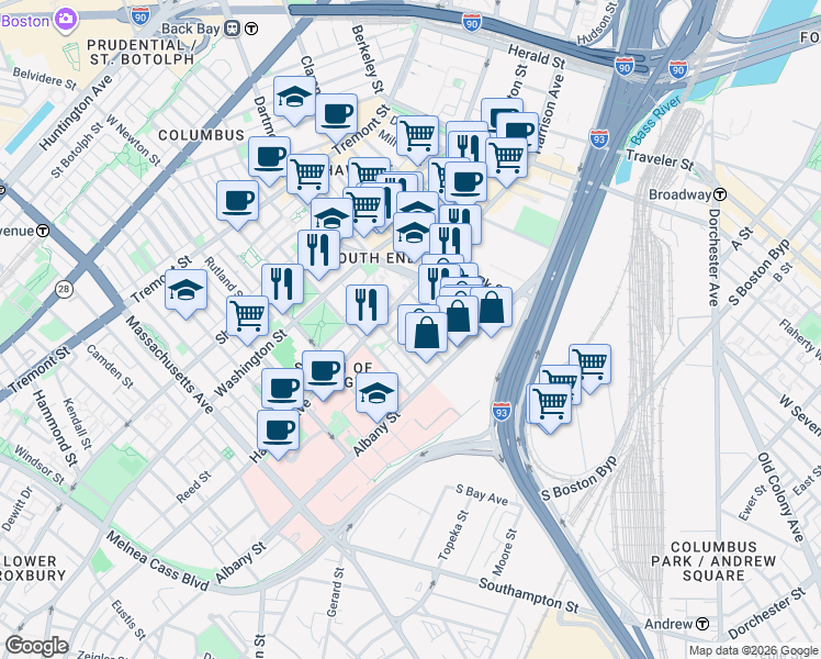 map of restaurants, bars, coffee shops, grocery stores, and more near 32 Plympton Street in Boston
