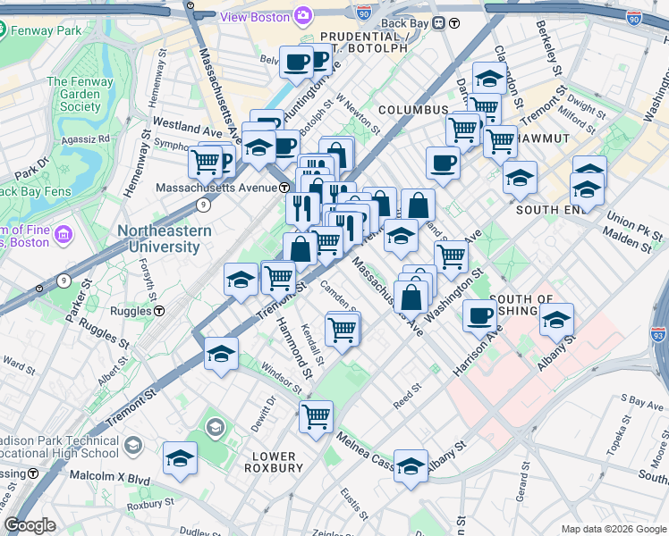 map of restaurants, bars, coffee shops, grocery stores, and more near 792 Tremont Street in Boston
