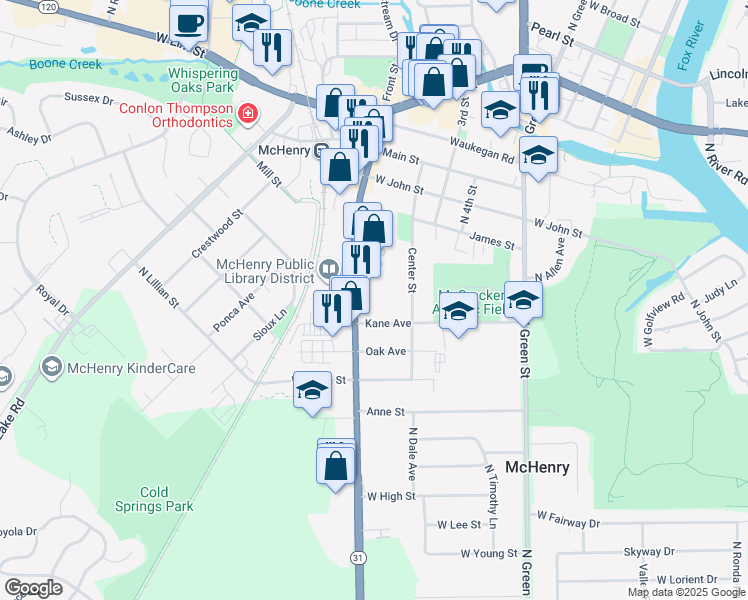 map of restaurants, bars, coffee shops, grocery stores, and more near 801 North Southgate Street in McHenry