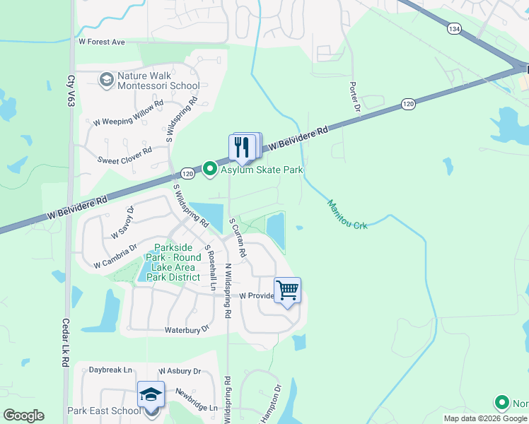 map of restaurants, bars, coffee shops, grocery stores, and more near 132 West Chatham Lane in Round Lake