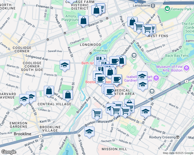 map of restaurants, bars, coffee shops, grocery stores, and more near 330 Brookline Avenue in Boston