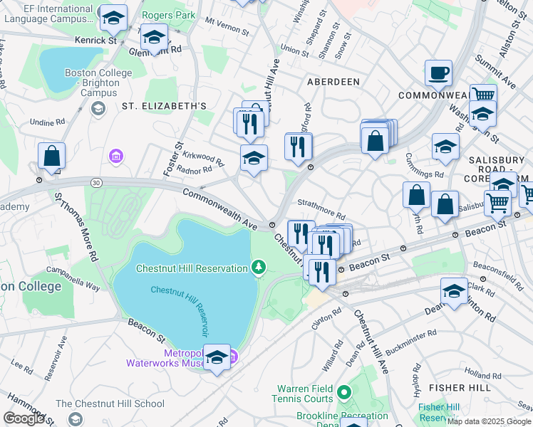 map of restaurants, bars, coffee shops, grocery stores, and more near 288 Chestnut Hill Avenue in Boston