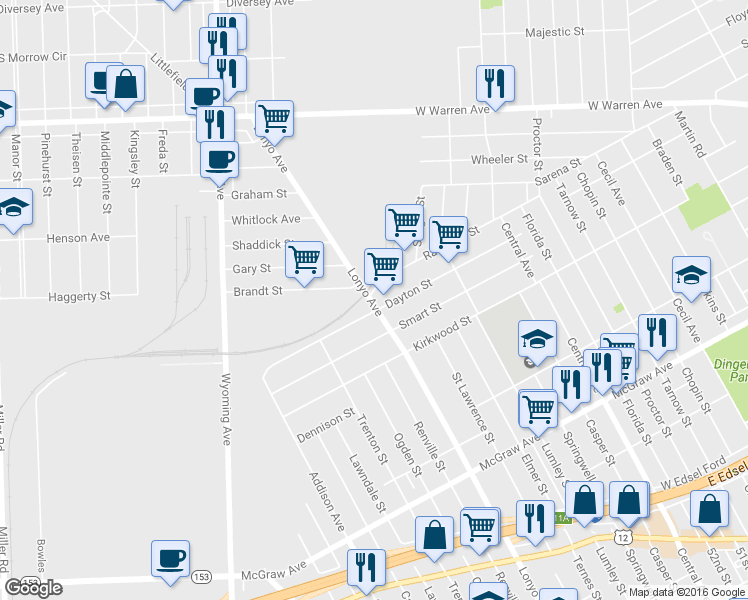map of restaurants, bars, coffee shops, grocery stores, and more near 6200 Lonyo St in Detroit