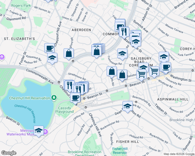 map of restaurants, bars, coffee shops, grocery stores, and more near 16 Lanark Road in Boston