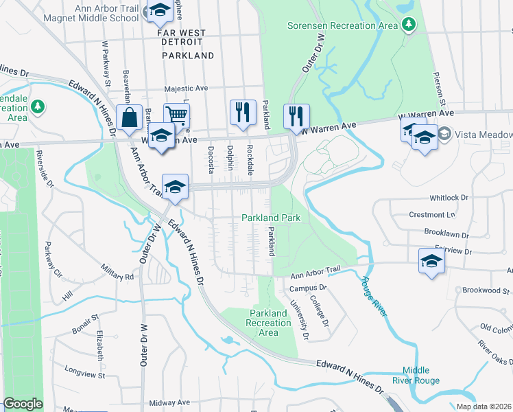 map of restaurants, bars, coffee shops, grocery stores, and more near 6756 Rockdale in Dearborn Heights