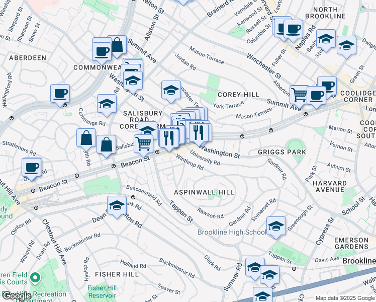 map of restaurants, bars, coffee shops, grocery stores, and more near 1629 Beacon Street in Brookline