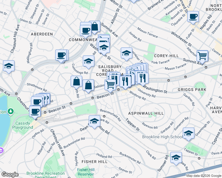 map of restaurants, bars, coffee shops, grocery stores, and more near 11 Williston Road in Brookline