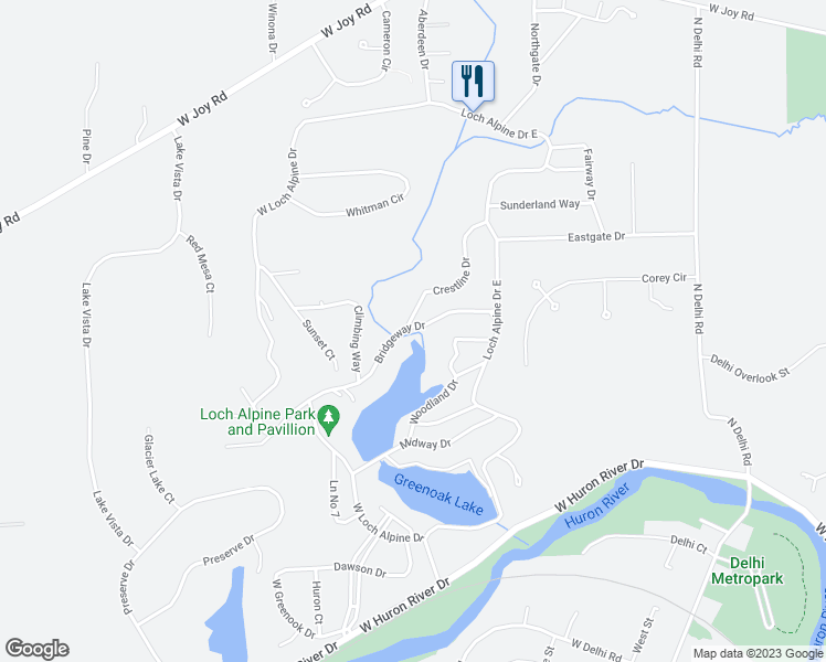 map of restaurants, bars, coffee shops, grocery stores, and more near 4230 Crestline Drive in Ann Arbor