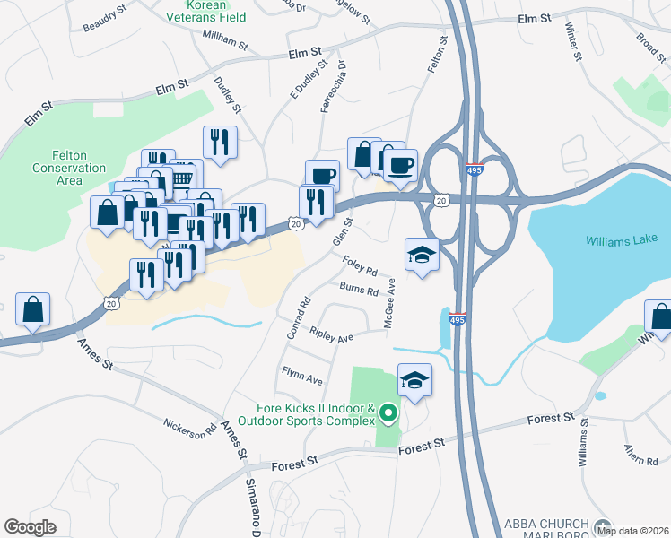 map of restaurants, bars, coffee shops, grocery stores, and more near 15 Conrad Road in Marlborough