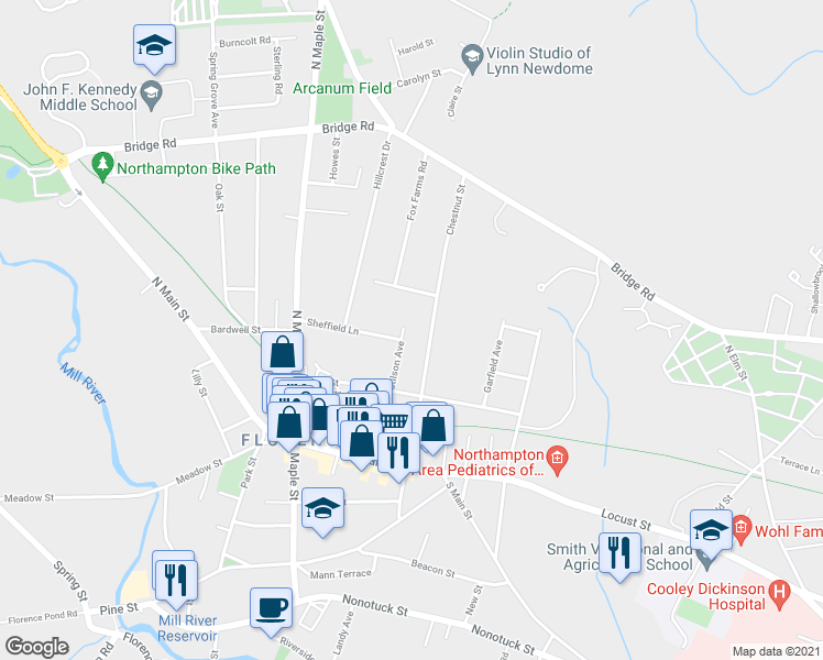 map of restaurants, bars, coffee shops, grocery stores, and more near 47 Stilson Avenue in Northampton