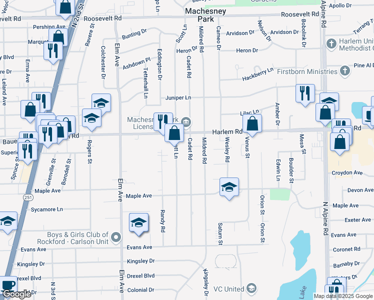 map of restaurants, bars, coffee shops, grocery stores, and more near 7900 Cadet Road in Machesney Park