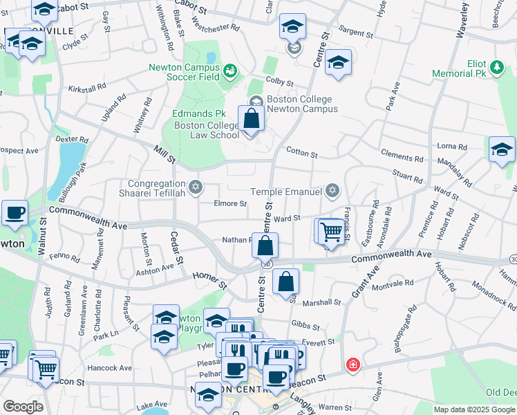 map of restaurants, bars, coffee shops, grocery stores, and more near 983 Centre Street in Newton