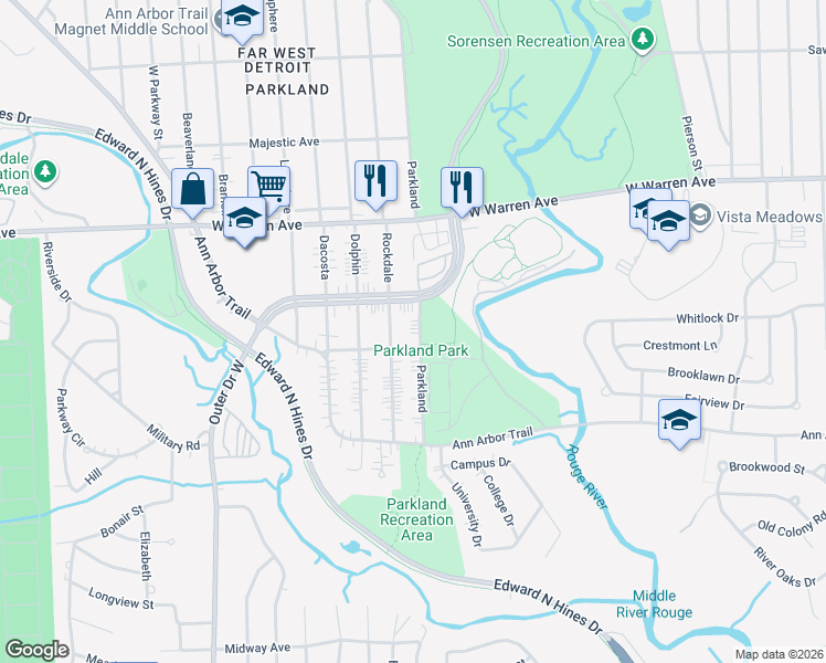 map of restaurants, bars, coffee shops, grocery stores, and more near 6756 Rockdale in Dearborn Heights