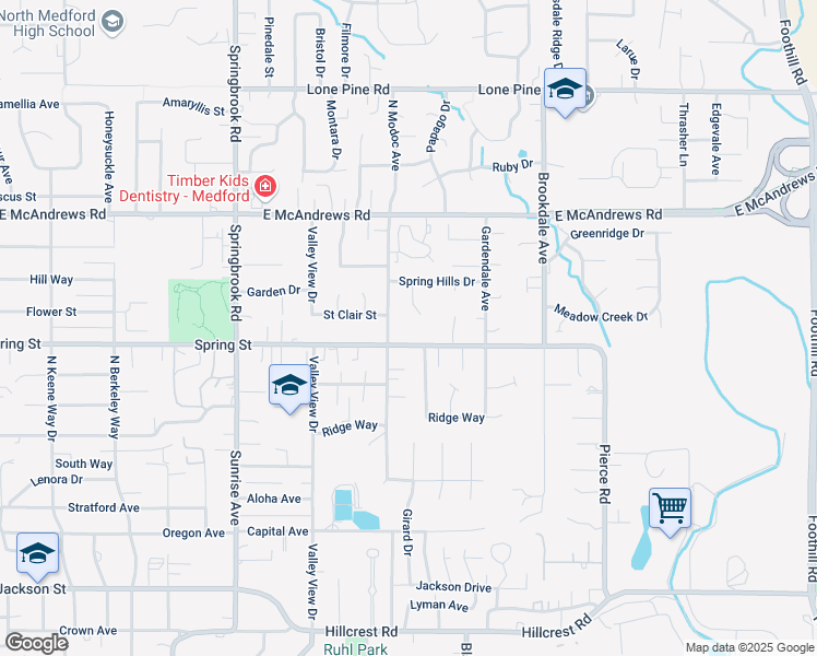 map of restaurants, bars, coffee shops, grocery stores, and more near 1104 North Modoc Avenue in Medford
