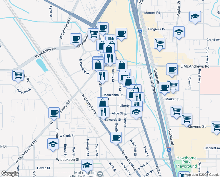 map of restaurants, bars, coffee shops, grocery stores, and more near 706 Beatty Street in Medford