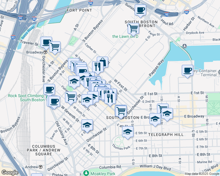 map of restaurants, bars, coffee shops, grocery stores, and more near 321 West 2nd Street in Boston