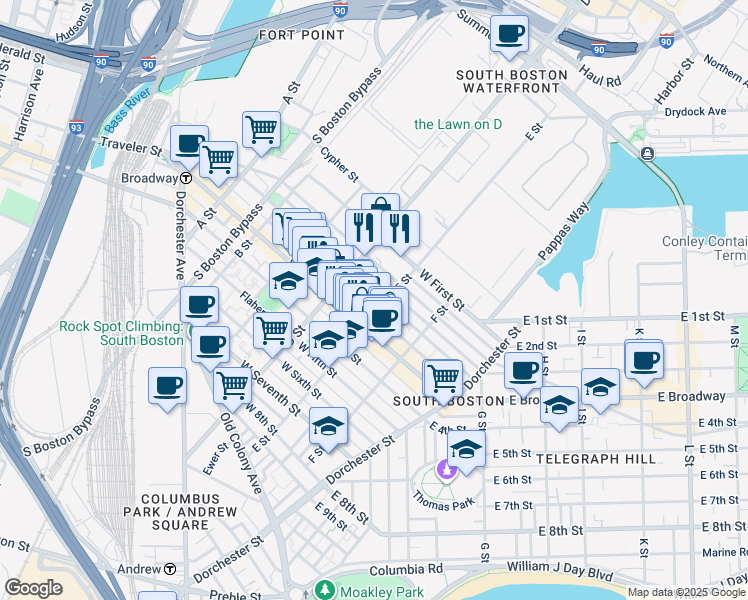 map of restaurants, bars, coffee shops, grocery stores, and more near 227 West 3rd Street in Boston