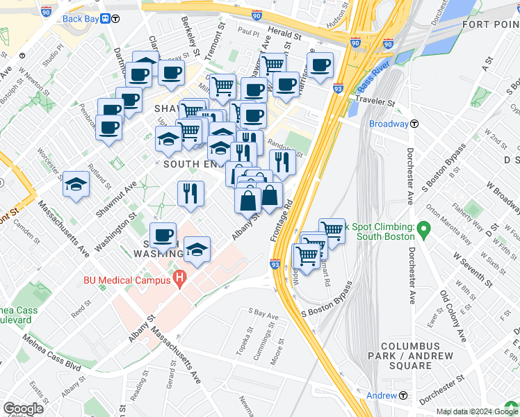 map of restaurants, bars, coffee shops, grocery stores, and more near 46 Wareham Street in Boston