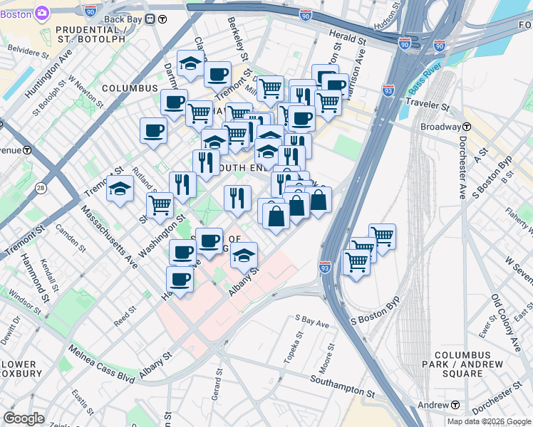 map of restaurants, bars, coffee shops, grocery stores, and more near 32 Plympton Street in Boston