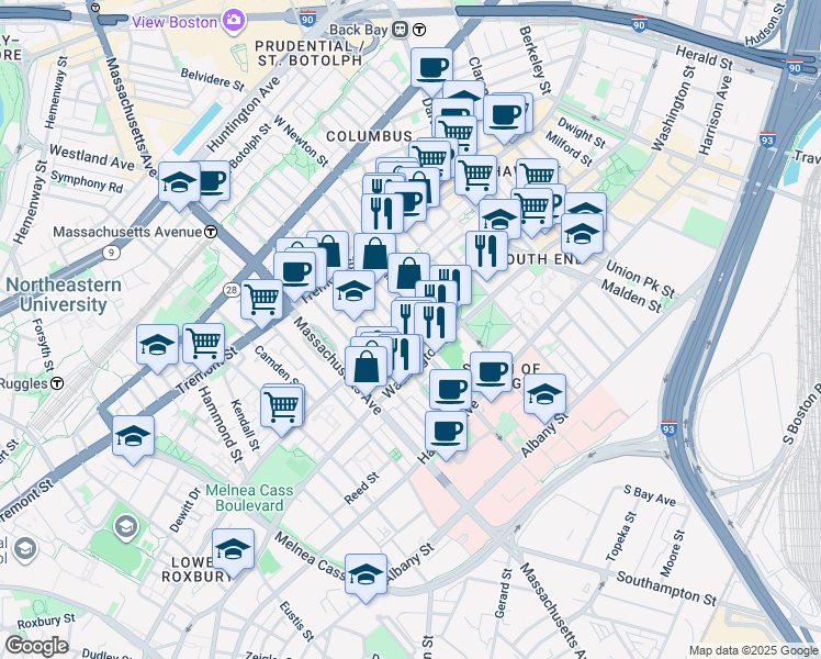 map of restaurants, bars, coffee shops, grocery stores, and more near 97 West Concord Street in Boston