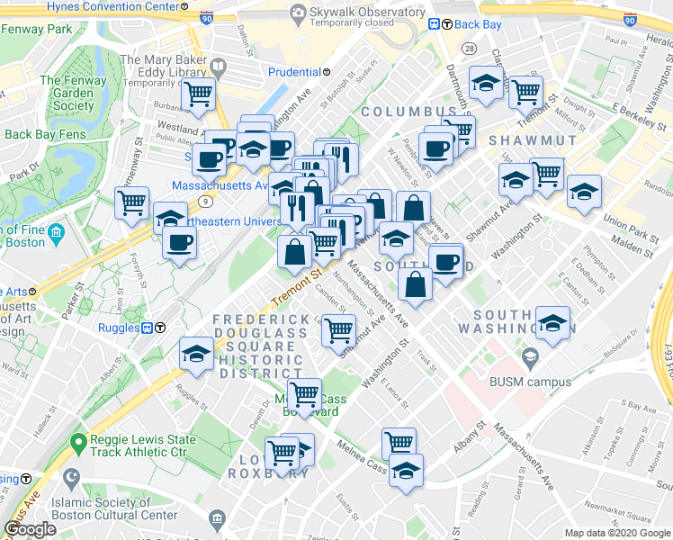 map of restaurants, bars, coffee shops, grocery stores, and more near 782-A-C Tremont Street in Boston