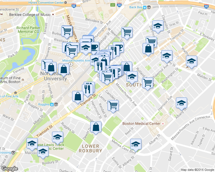 map of restaurants, bars, coffee shops, grocery stores, and more near 268-272 Northampton Street in Boston