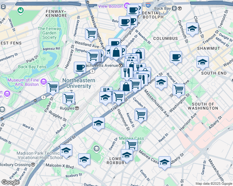 map of restaurants, bars, coffee shops, grocery stores, and more near in Boston
