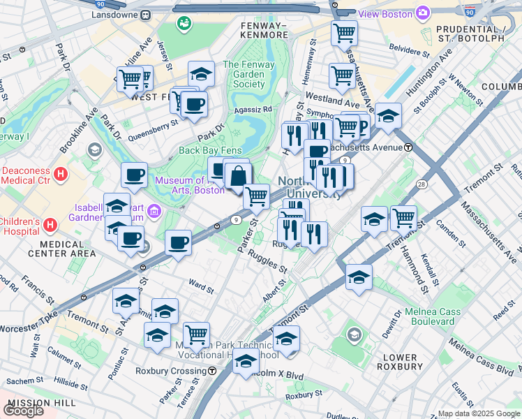 map of restaurants, bars, coffee shops, grocery stores, and more near in Boston