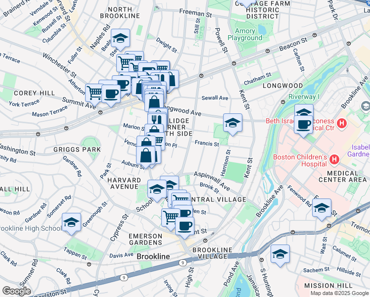 map of restaurants, bars, coffee shops, grocery stores, and more near 65 Saint Paul Street in Brookline