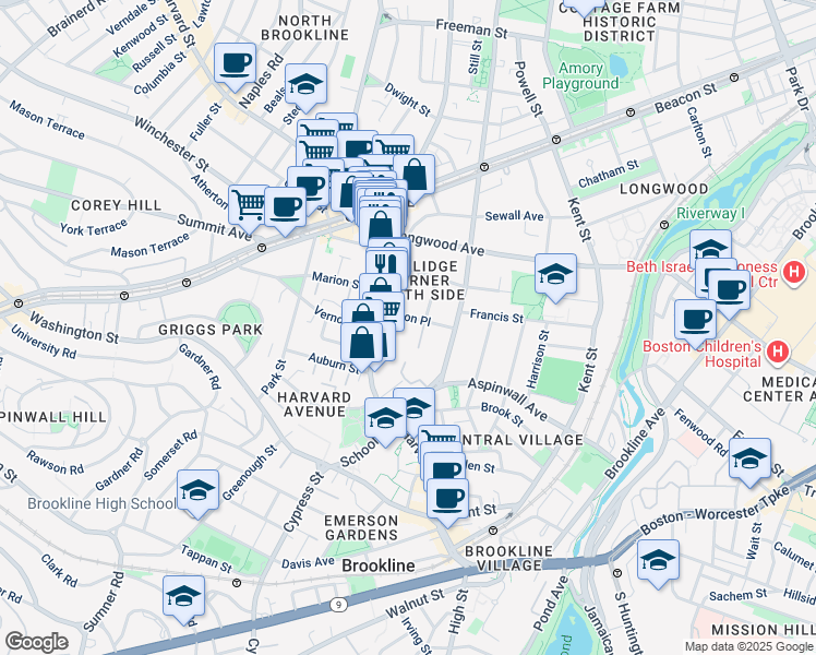 map of restaurants, bars, coffee shops, grocery stores, and more near 36 Alton Place in Brookline