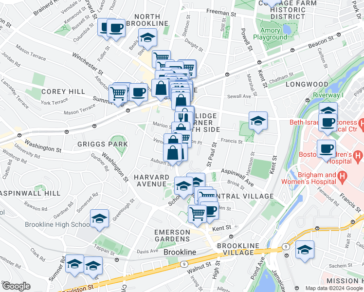 map of restaurants, bars, coffee shops, grocery stores, and more near 181 Harvard Street in Brookline