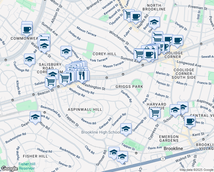map of restaurants, bars, coffee shops, grocery stores, and more near in Brookline