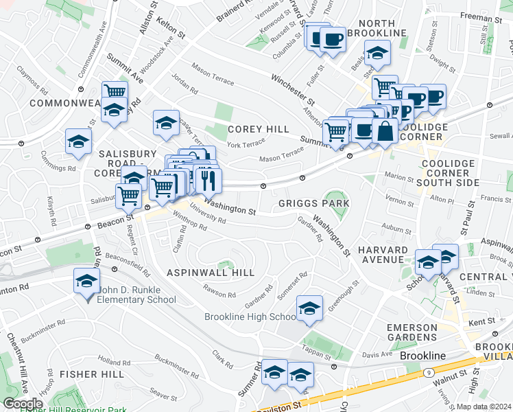 map of restaurants, bars, coffee shops, grocery stores, and more near in Brookline