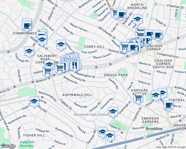 map of restaurants, bars, coffee shops, grocery stores, and more near in Brookline