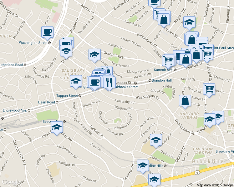 map of restaurants, bars, coffee shops, grocery stores, and more near 1581 Beacon Street in Brookline