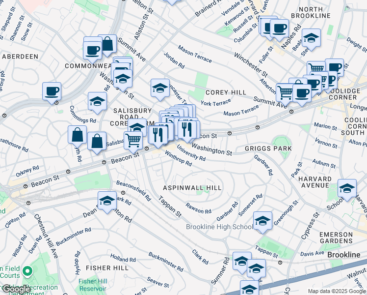 map of restaurants, bars, coffee shops, grocery stores, and more near in Brookline