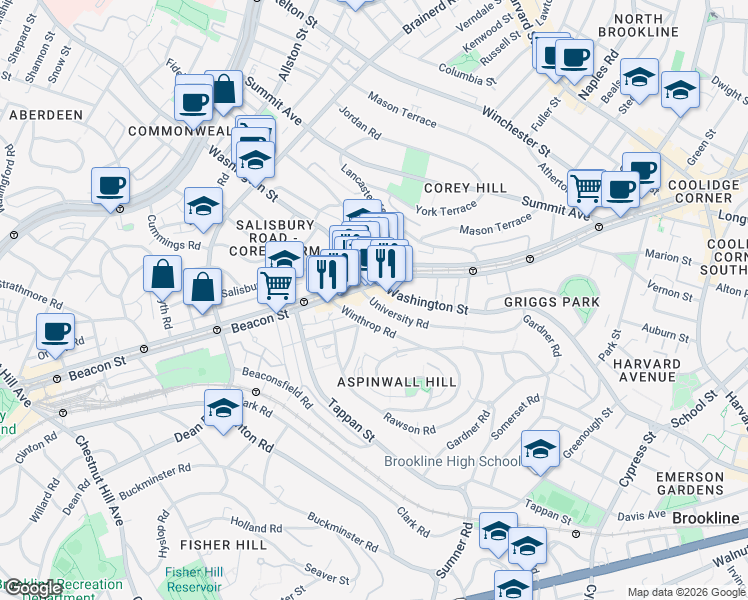 map of restaurants, bars, coffee shops, grocery stores, and more near in Brookline