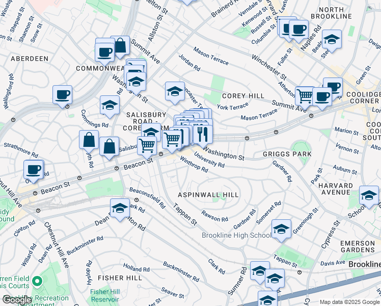 map of restaurants, bars, coffee shops, grocery stores, and more near in Brookline